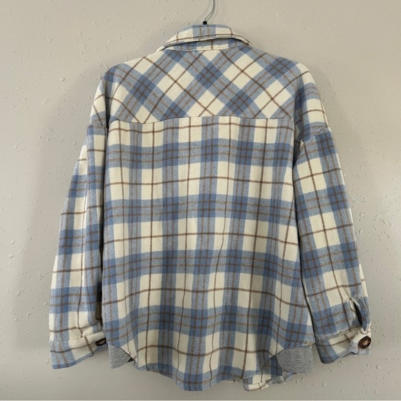 Veveret Blue Cream Plaid Shacket Flannel Jacket Fall Spring Comfy Casual Large - Picture 4 of 7